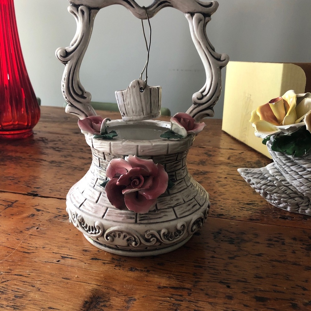 Vintage Italian Capodimonte Porcelain Wishing Well with Pink Roses